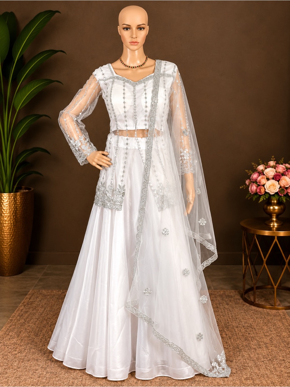 Elegant White Embroidered Lehenga Dress with Sheer Dupatta